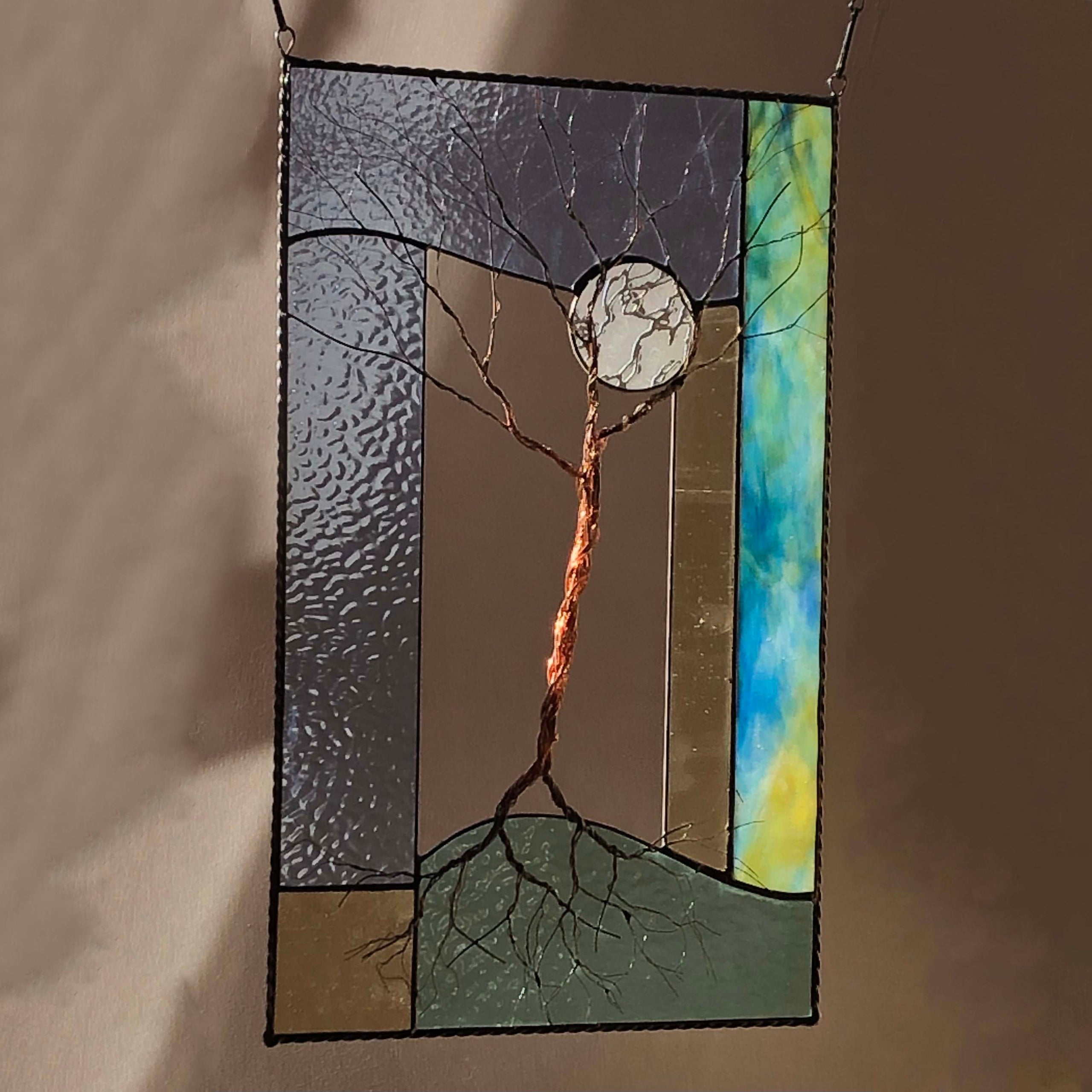 Periwinkle, Green, MultiColored Stained Glass Tree with Full Moon (12" x 20") Burlington